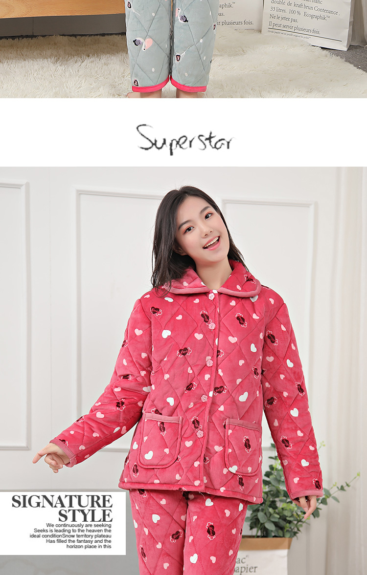 Mùa đông phụ nữ ba lớp cộng với nhung dày pha lê nhung đồ ngủ phụ nữ ấm áp cotton mùa đông áo khoác nhà phù hợp với dịch vụ đồ bộ mặc nhà bằng vải thun