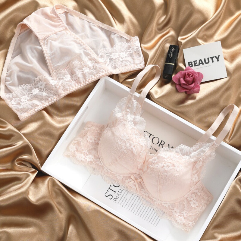 Valingnsl Pure Desire Lace Lingerie for Women with Small Busts, Push-Up, Wireless, Bow Design, Beautiful Back Bra Set