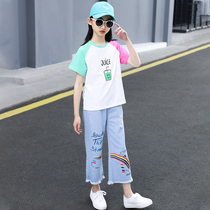 Girls summer clothing suit 2022 new children Ocean Gas Network Red CUHK Summer Short Sleeve Broadlegged Pants Two Sets Tide