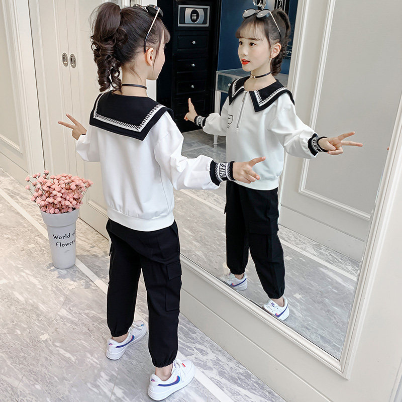 Girls' Set Spring and Autumn Academy Style 2021 New Middle and Big Girl, foreign-style children's leisure two-piece clothes tide