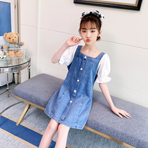 Girls dress for dress and summer clothes 2022 new trendy denim skirt Childrens princess nepotism red child dress summer suit dress