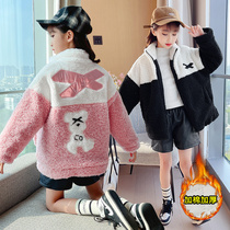 Girl Sweater Sweater 2021 Autumn Winter New Ocean Korean Version CUHK Children Clip Cotton Thickened Mesh Red Lamb Suede Jacket