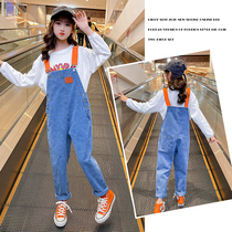 Girl Denim Back Belt Pants Suit 2022 Spring Autumn New CUHK Child Korean Version Children Foreign Air Pants Two Sets