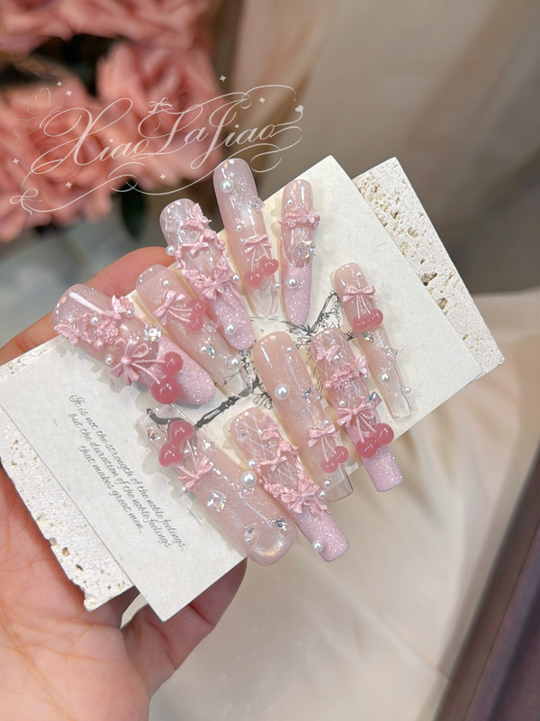 Little Spicy Girl·【Iced Cherry】Fresh, Cute, and Gentle Cherry Bow Handmade High-Quality Wearable Nails Little Spicy Girl·【Iced Cherry】Fresh, Cute, and Gentle Cherry Bow Handmade High-Quality Wearable Nails