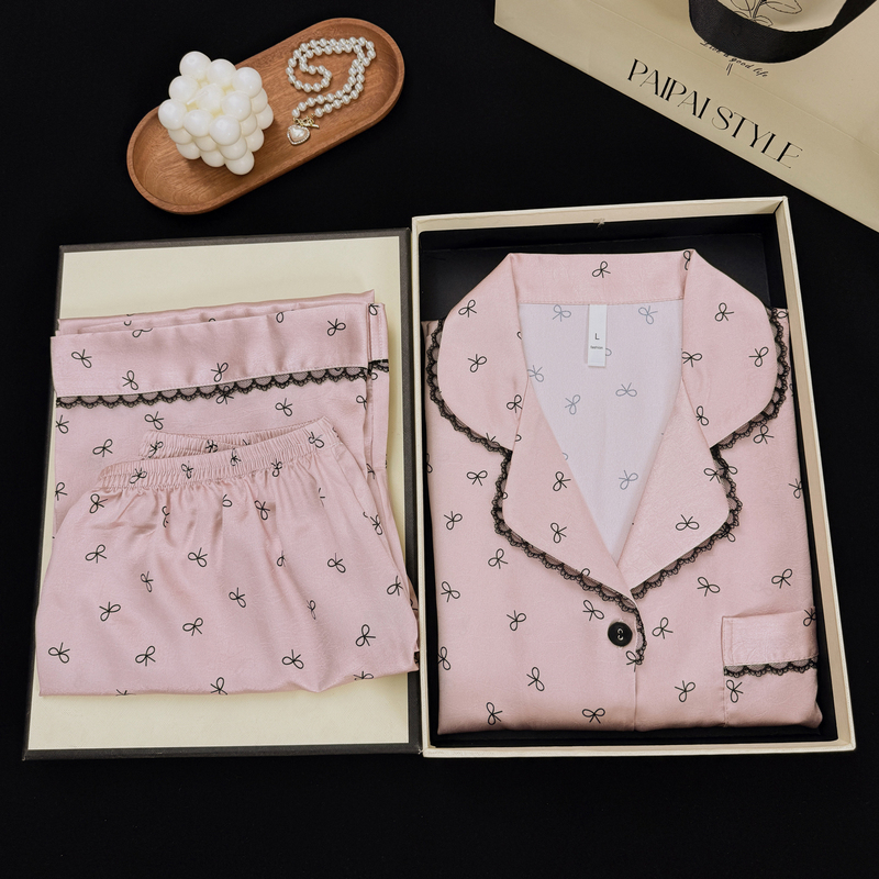 Korean-Style Bowknot Pajamas for Women, Ice Silk, Summer 2026 New Sweet and High-End Loungewear, Gift for Best Friend's Birthday