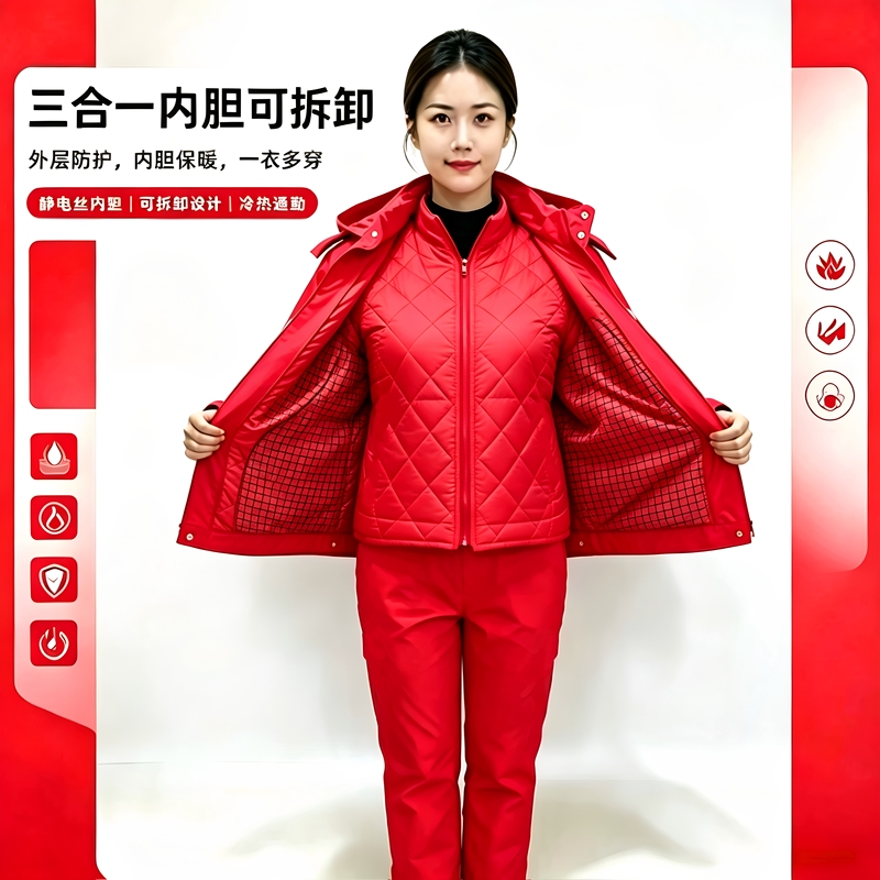 Premium Set of Red Petrochina Thick Cotton Coats, Winter Anti-Static Workwear, Red Hooded Detachable Jacket for Men and Women Premium Set of Red Petrochina Thick Cotton Coats, Winter Anti-Static Workwear, Red Hooded Detachable Jacket for Men and Women