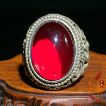 Antique antique collection Qing Dynasty ruby ​​ring set egg face old silver inlaid open silver ring foot silver bracelet