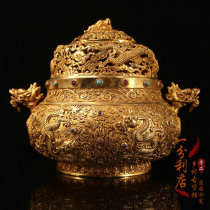 Nepalese court royal bronze gilt auspicious dragon play bead copper inlaid gemstone dragon incense burner home collection