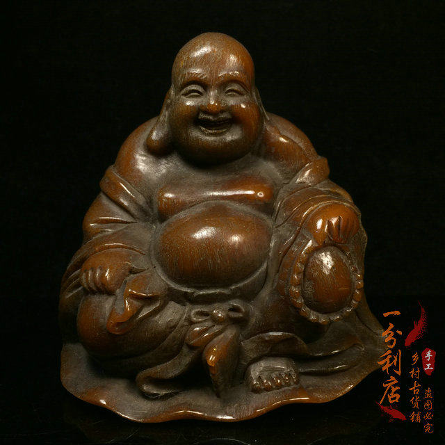 Antique antique collection retro old horn carving laughing Buddha Maitreya Buddha statue old horn craftsman old objects ornaments