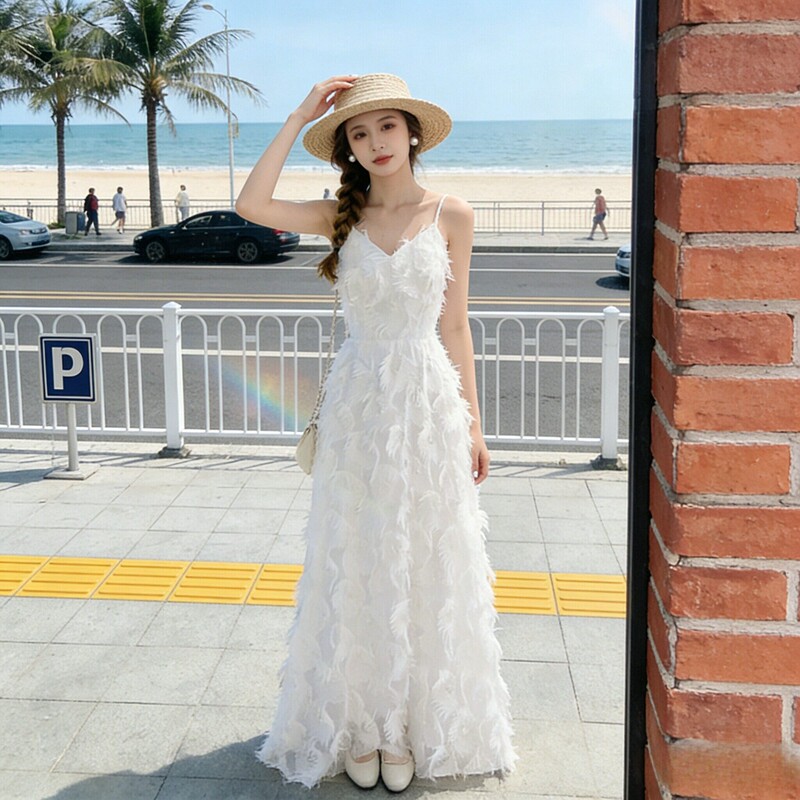 Fairy-Like Feather Tassel Strap Long Dress for Women, Waist-Cinching, Slimming, Gentle Style, White Vacation Dress for Petite Figures