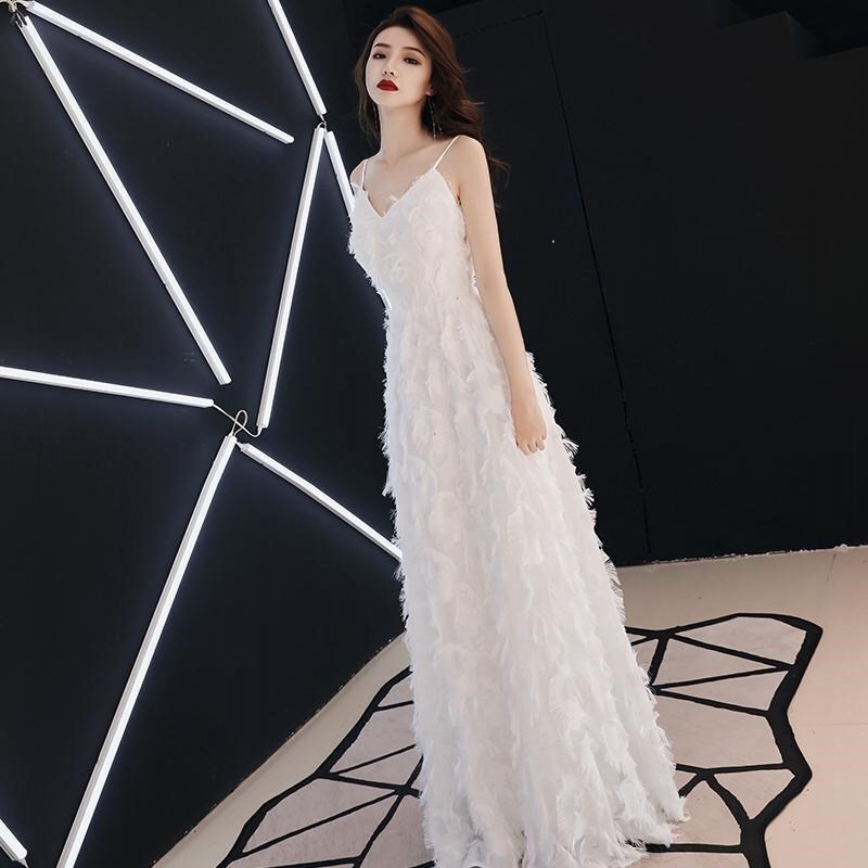 French-Style Elegant and Ethereal White V-Neck Spaghetti Strap Dress with Feather Tassels, Waist-Cinching Long Dress for Parties