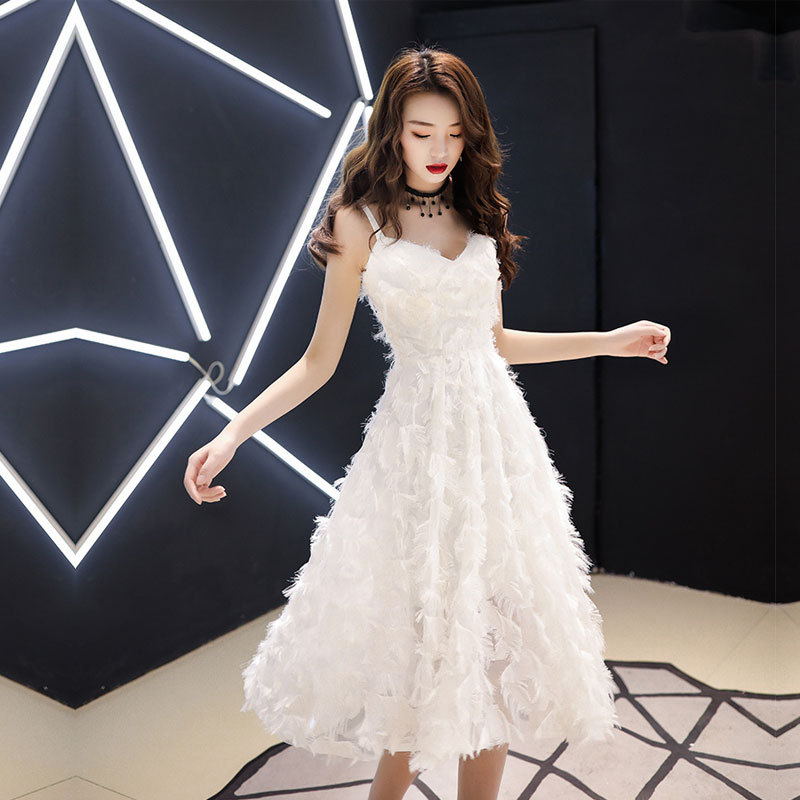 Seaside Vacation Fairy Birthday Feather Dress Party Backless Suspender Dress Gentle Style Elegant White Dress