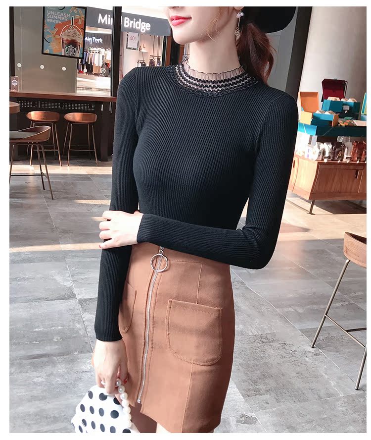 Đầm ren dệt kim chạm đáy áo sơ mi Slim bó sát dài tay màu rắn mùa thu và mùa đông nửa cổ cao bên trong áo len mỏng phần đồ nữ đẹp