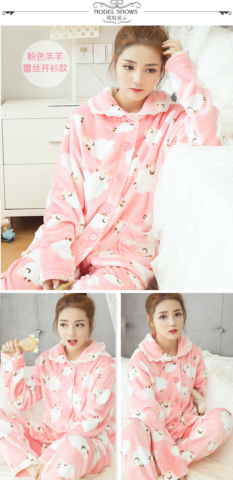 Pyjama mùa đông dày san hô lông cừu flannel dịch vụ nhà phù hợp với cardigan ấm hoạt hình đồ ngủ dễ thương kích thước lớn đồ bộ mặc nhà cao cấp hàn quốc