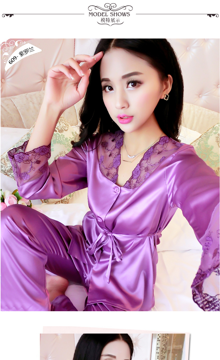 Thanh lịch mới sexy băng lụa đồ ngủ phụ nữ mùa xuân và mùa hè dài tay lụa ren thêu đồ ngủ thiết lập nhà dịch vụ mùa thu