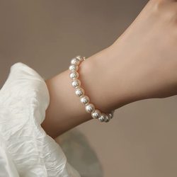 여성을위한 진주 팔찌 Shi Jia 라운드 고급 탄성 로프 얇은 기장 쌓인 핸드 드레싱 팔찌 큰 진주 팔찌