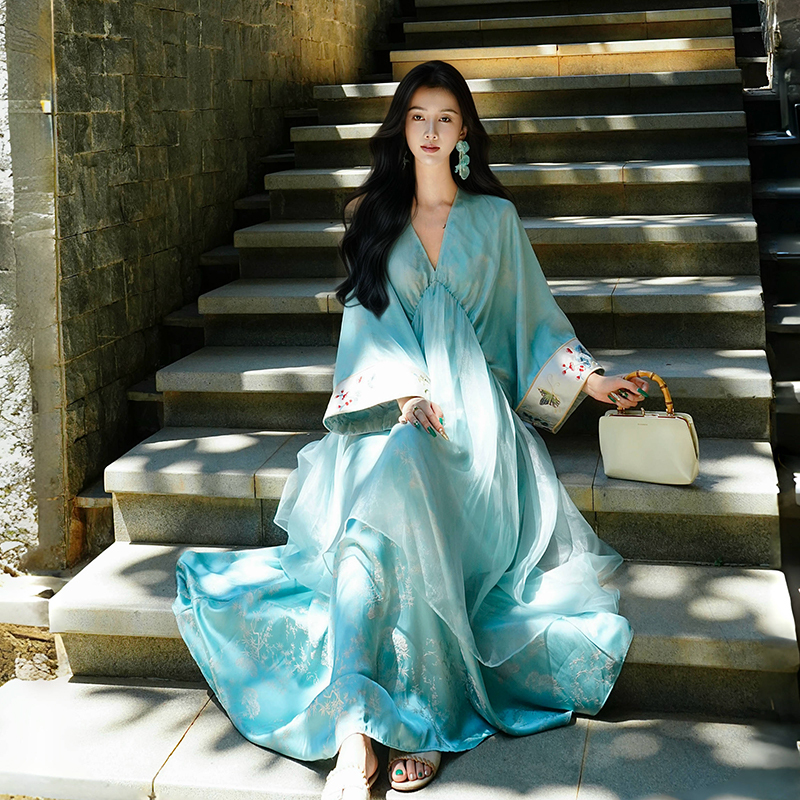 Fan Qingzi's Same Style, New Chinese-Style S-Grade 100% Silk Brocade Heavy Embroidery Double-Layer Slimming Dress