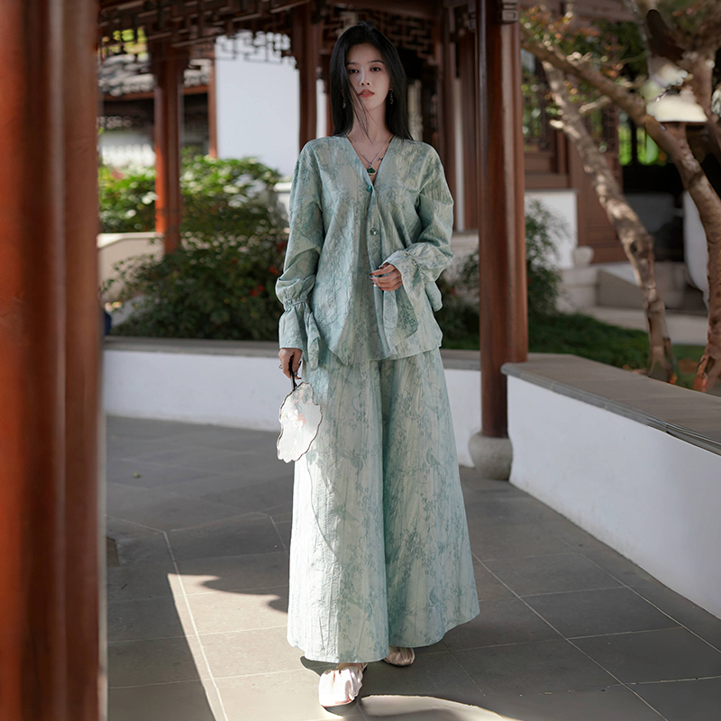 Chengyu Haute Couture【Yu Lan】New Chinese Style Ramie Silk Jacquard Flared Sleeve Top and Wide-Leg Skirt Pants Set for Women Summer
