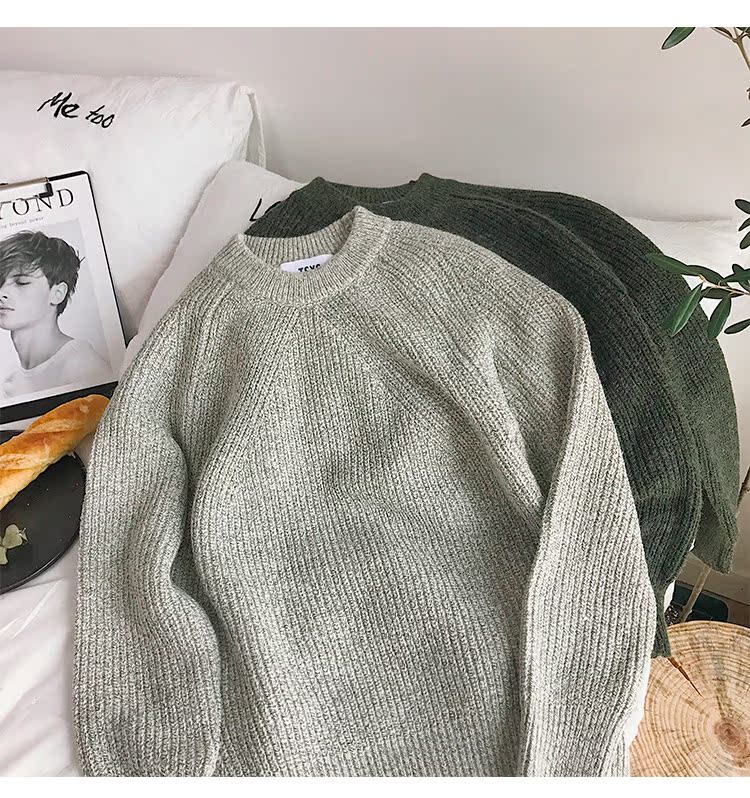 2018 thu đông mới Nhật Bản retro áo len cổ tròn màu rắn cổ điển Hàn Quốc giản dị hoang dã áo len tuổi teen quần áo nam