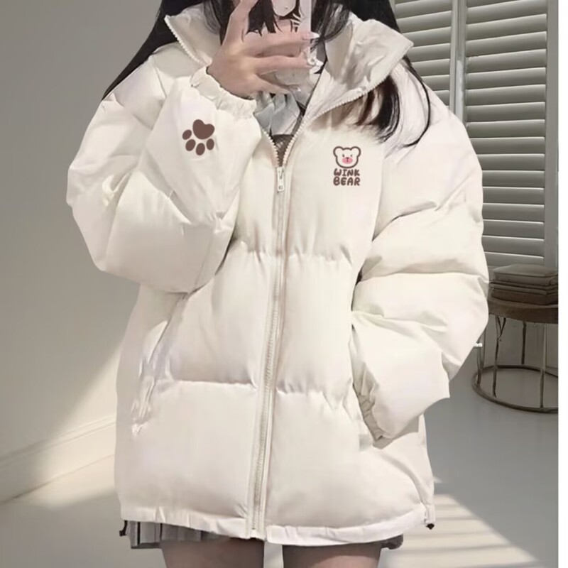 Off-White Cotton Jacket for Women, 2025 New Popular Style, Autumn and Winter Thickened Puffer Jacket for Middle and High School Students