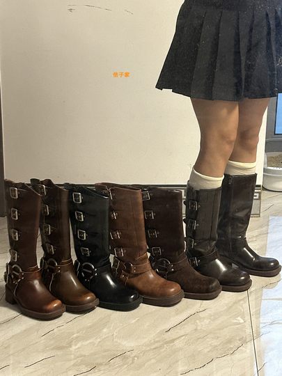 佶子家阿希哥miu家真皮高筒靴方头套筒骑士靴女棕色西部牛仔靴子