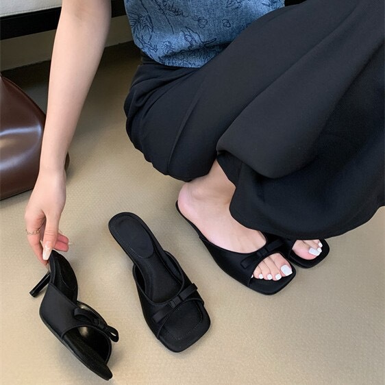 Mushroom-Like Shoes with Bow, Square Toe, Open-Toe Sandals, New Summer Style, Outdoor Wear, Stiletto High Heels, Slip-On Sandals