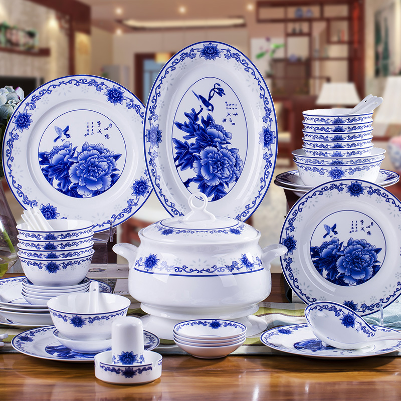 Jingdezhen blue and white porcelain tableware set ceramic bowl plate 58 skull porcelain bowl set home Chinese high-end housewarming