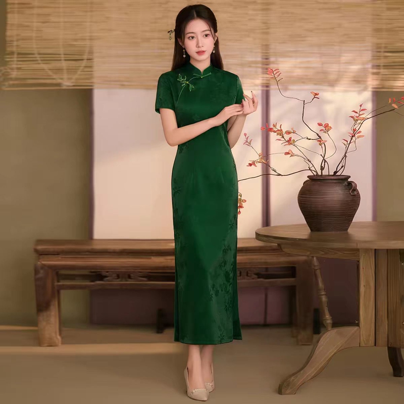 Green Jacquard Improved Cheongsam Spring/Summer New Style 2026 College Entrance Exam Mom Outfit Elegant Long Daily Dress