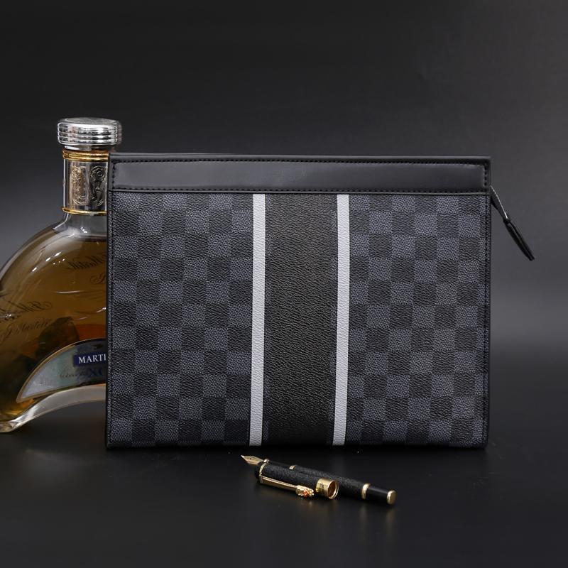 Hong Kong Trendy Bag 2026 New Model Men's Genuine Leather Clutch Bag Fashionable Plaid Print Large Capacity Envelope Wallet Trendy