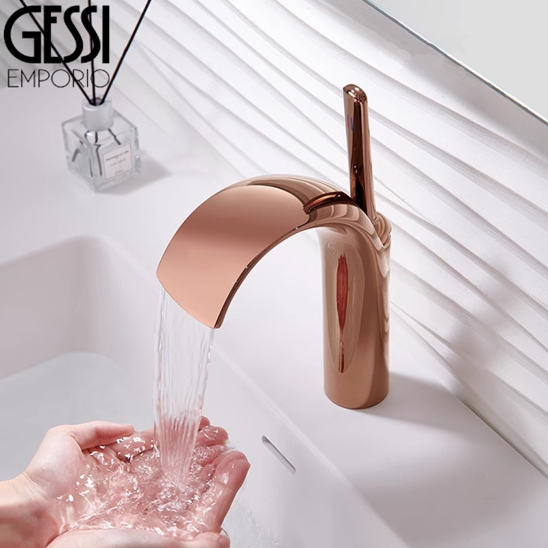 Italian Gessi All-Copper Rose Gold Waterfall Faucet Bathroom Under-Counter Basin Washbasin Art Faucet