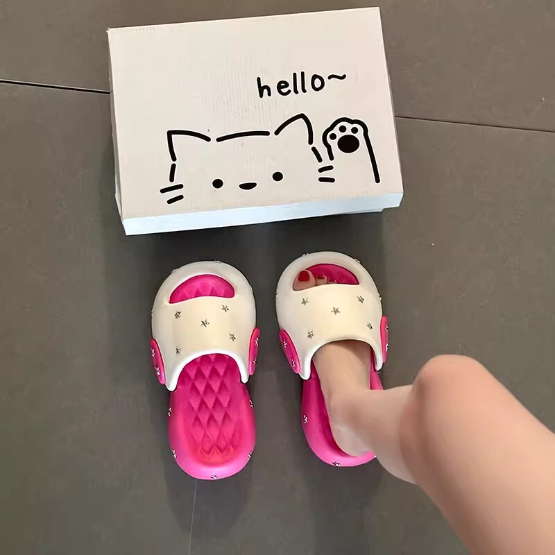 Thick-Soled Fashionable Star-Studded Indoor Non-Slip Cute Slip-On Slippers for Women, New Summer Style for Outdoor Wear