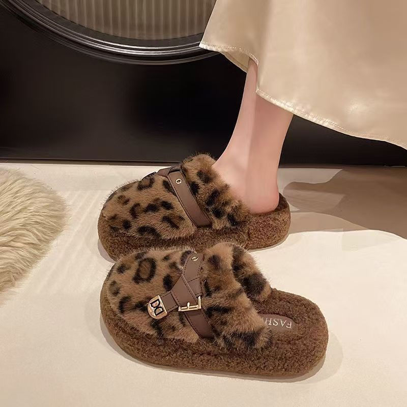 Leopard Print Furry Slippers for Women, Winter Indoor Home Plush Warm 2026 New Style Closed-Toe Thick-Soled Cotton Slippers for Outdoor Wear Leopard Print Furry Slippers for Women, Winter Indoor Home Plush Warm 2026 New Style Closed-Toe Thick-Soled Cotton Slippers for Outdoor Wear