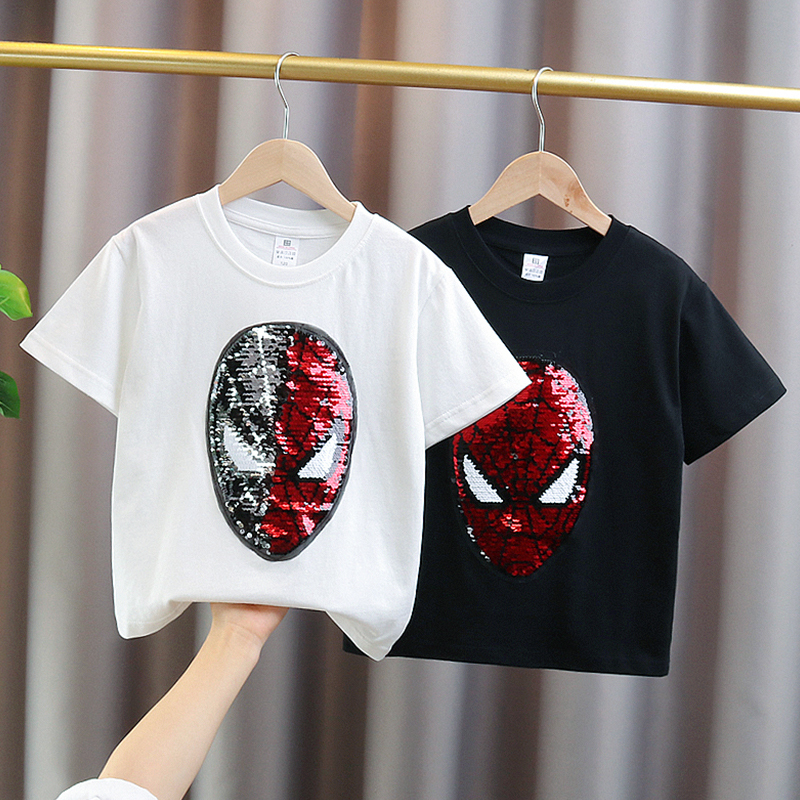 Pure Cotton Spider-Man Boys' Short-Sleeve T-Shirt with Sequins That Change Color, Children's Ultraman Iron Man Face-Changing Top, Trendy