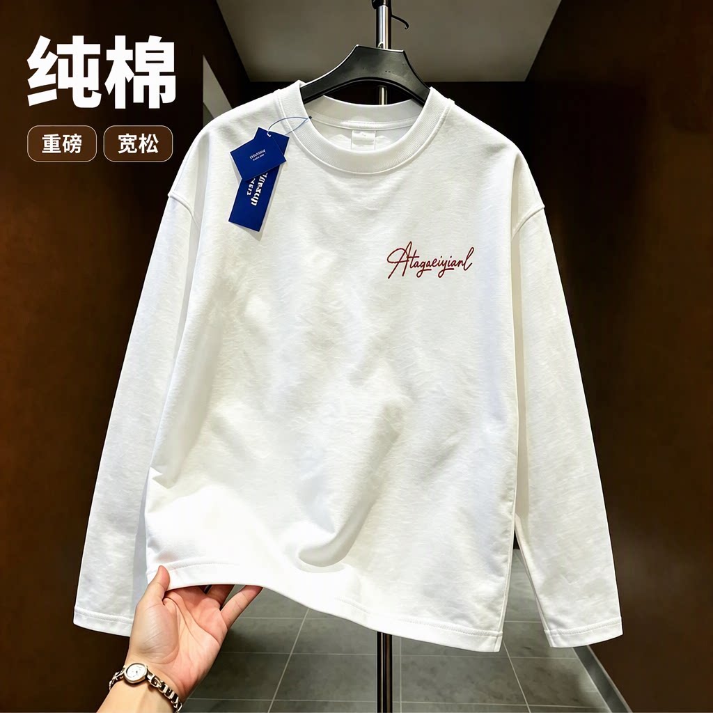 Áo thun nam tay dài cổ tròn in họa tiết, chất liệu cotton nguyên chất dày dặn kiểu Mỹ, áo mặc trong mùa thu đông cho cặp đôi.