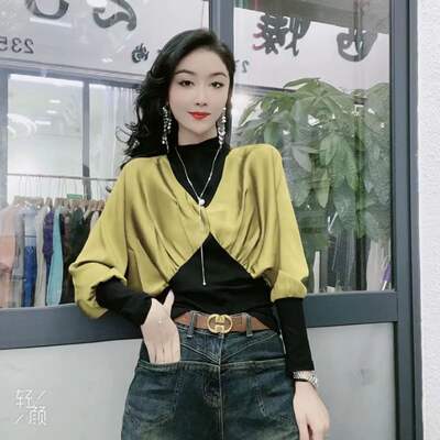 The new autumn fashion design, retro style, long-sleeved shirt, versatile for women, Korean-style patchwork, niche and loose top