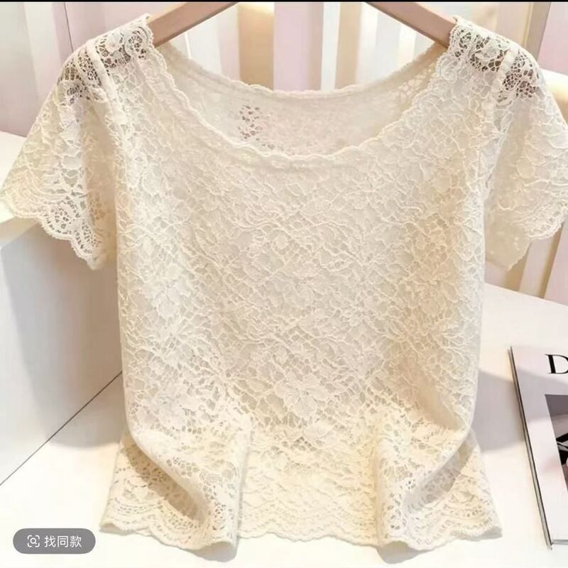 Plus Size Summer 2026 New Fashion Pure and Elegant Versatile Unique Beautiful Lace Blouse Apricot Short-Sleeved Top Plus Size Summer 2026 New Fashion Pure and Elegant Versatile Unique Beautiful Lace Blouse Apricot Short-Sleeved Top