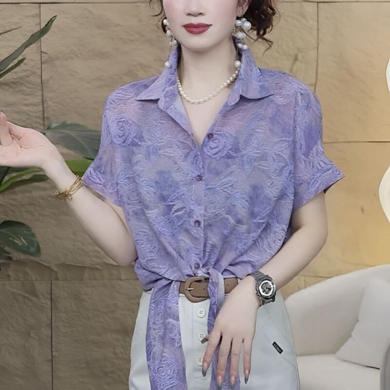 Refreshing and Elegant Printed Shirt for Women, Summer Cool and Breathable Short-Sleeved Cardigan, Loose and Slimming Lace-Up Top