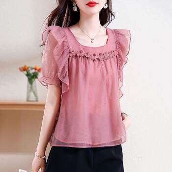 ເສື້ອຢືດ chiffon ຮຽບຮ້ອຍລະດູຮ້ອນຂອງແມ່ຍິງແຂນສັ້ນ 2025 ຄົນອັບເດດ: ໃຫມ່ lace blouse ສັ້ນທາງເທິງ