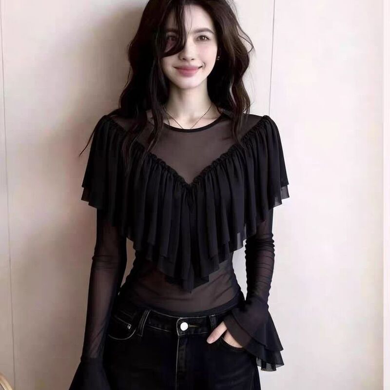 Ruffled Bottoming Shirt, Long-Sleeved, Slim-Fitting, French-Style Black Cape Top, Design Lace Mesh V Neck T-Shirt for Women