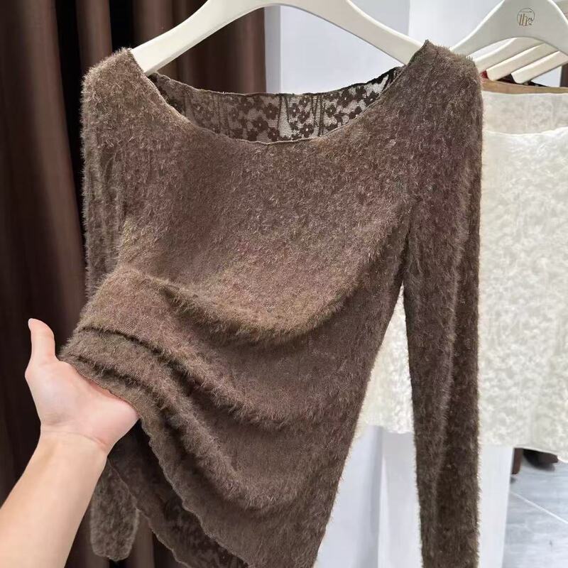 Light Luxury Melard Coffee-Colored Exquisite Floral Lace Base Shirt for Women, Autumn and Winter Brushed Large Round Neck Long-Sleeved Top