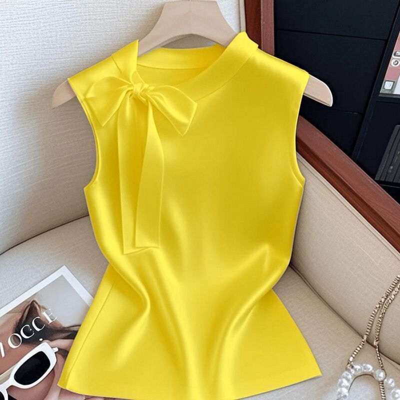 Plus-Size Acetate Satin Bow Sleeveless Shirt Vest for Women, New Summer Style, Elegant and Age-Reducing Top for Chubby Girls