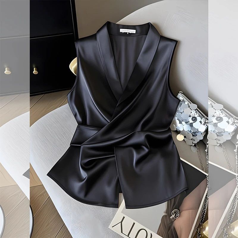 French-Style Satin Waist-Cinching Sleeveless Shirt for Women, Summer Design with Cross-Tie Straps, Stylish and Elegant Blouse Top
