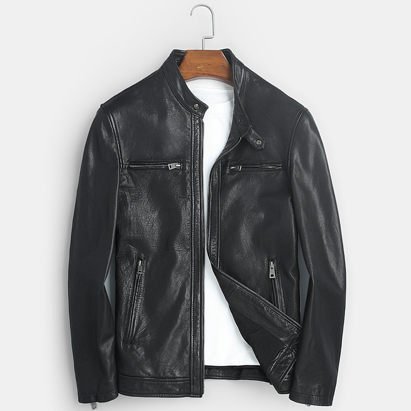 Haining Trendy New Genuine Leather Jacket for Men, Sheepskin Short Stand-Up Collar Stylish Biker Leather Jacket for Spring and Autumn