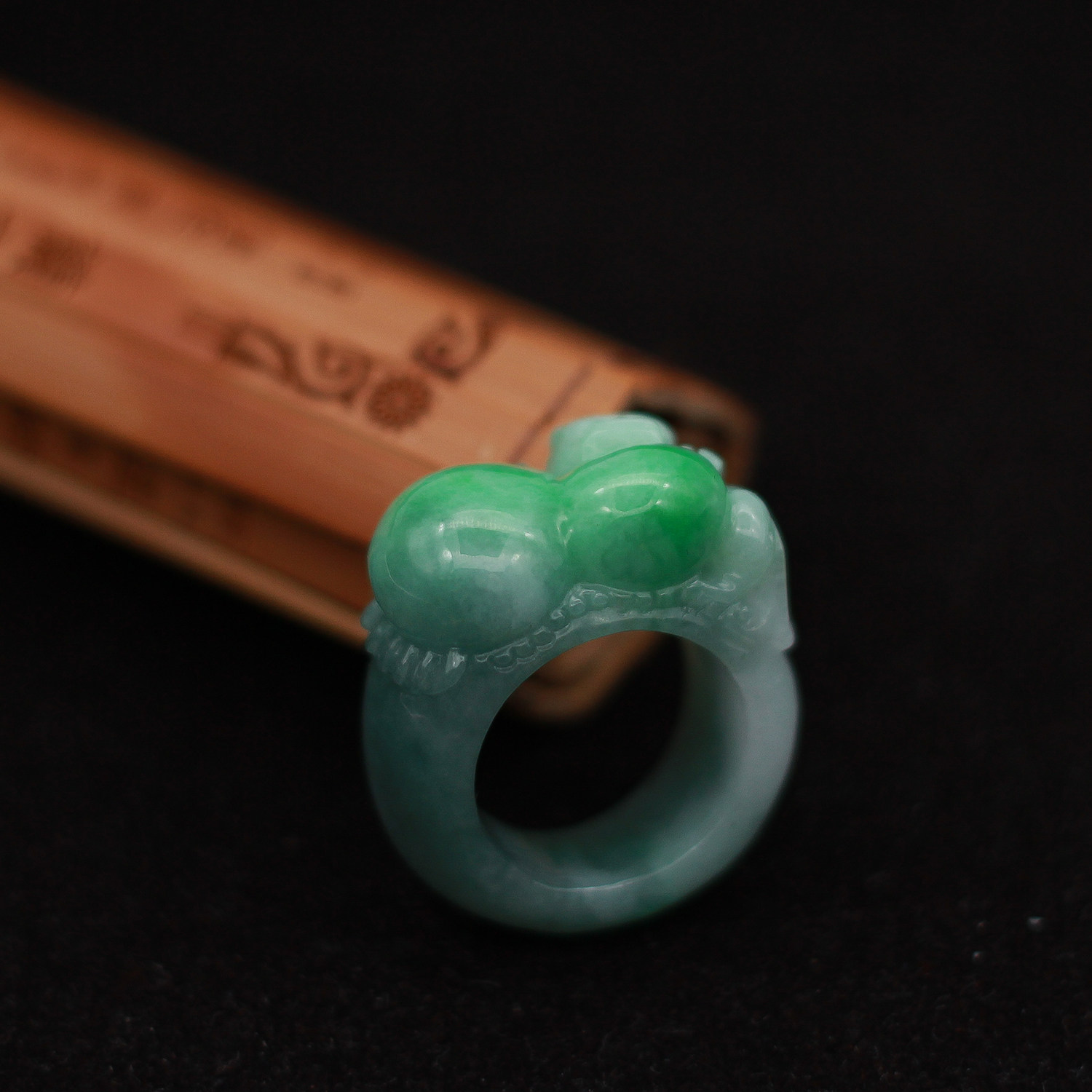 Glowing green fortune, longevity, gourd and brave ring, jade, free shipping