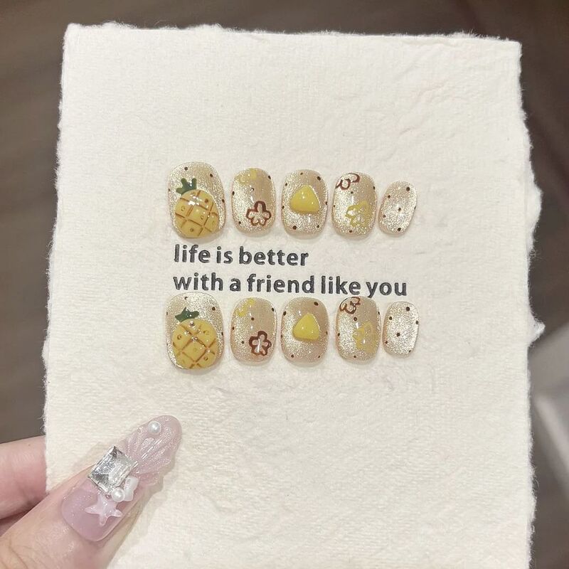 Summer Pineapple Cat-Eye Semi-Handmade Wearable Nail Art, Elegant, High-End, Complexion-Enhancing, Cute, Detachable, Short Square Style