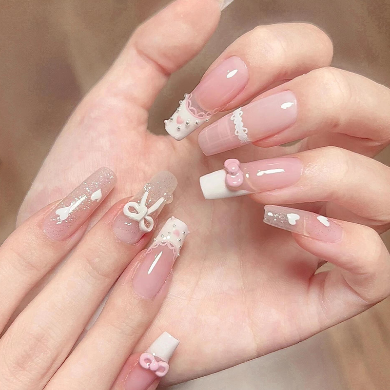 Nail Art Semi-Handmade Wearable Nails French Style Finished Lace Trim Butterfly Patch Brightening Bow Nail Piece Detachable