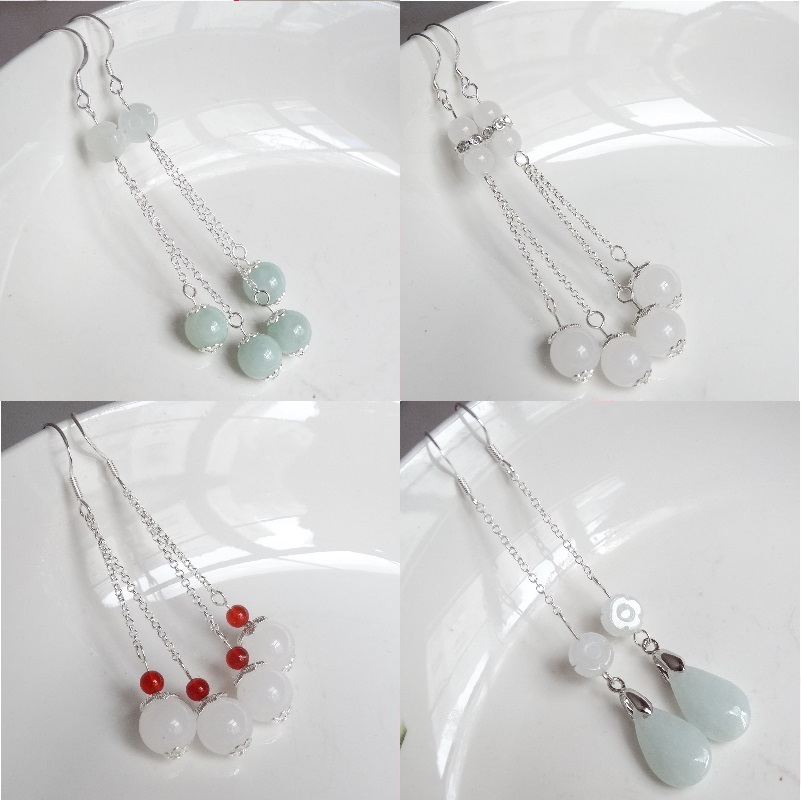 Fairy Rhyme Natural Emerald A Goods Tender Chaewan Family Business Pure Silver Ear Hook Earrings With a Elegant Jade Pendant Ear Clip Earrings