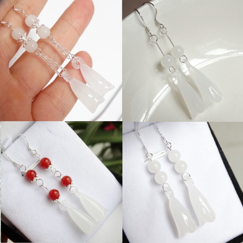 Trendy ancient style long version of white magnolia flower earrings sterling silver earrings pendant necklace tassel all-match four seasons earrings women