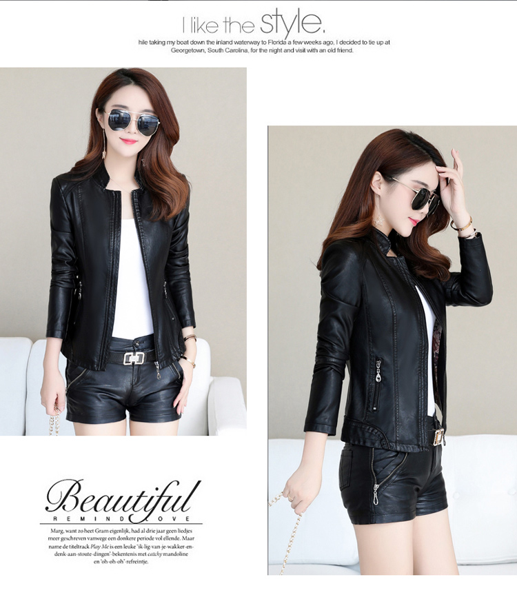 2018 mới Hained leather leather nữ ngắn Phiên bản Hàn Quốc của áo khoác mỏng size lớn cổ áo khoác da cừu ao khoac da