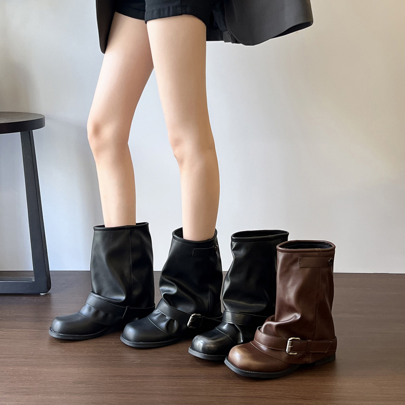 Retro Belt Buckle Black Martin Boots for Women, Autumn Short Boots, High-Heeled Mid-Calf Western Jeans-Style Stacked Boots